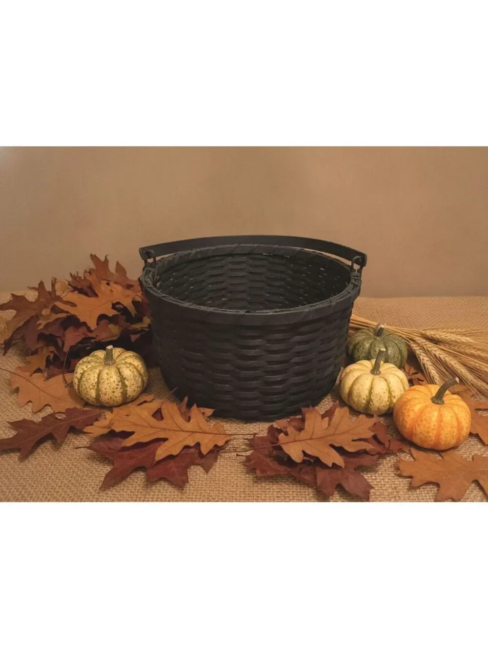 Vintage Primitive Rustic Country Black Splint Market Basket w Handle 13.75
